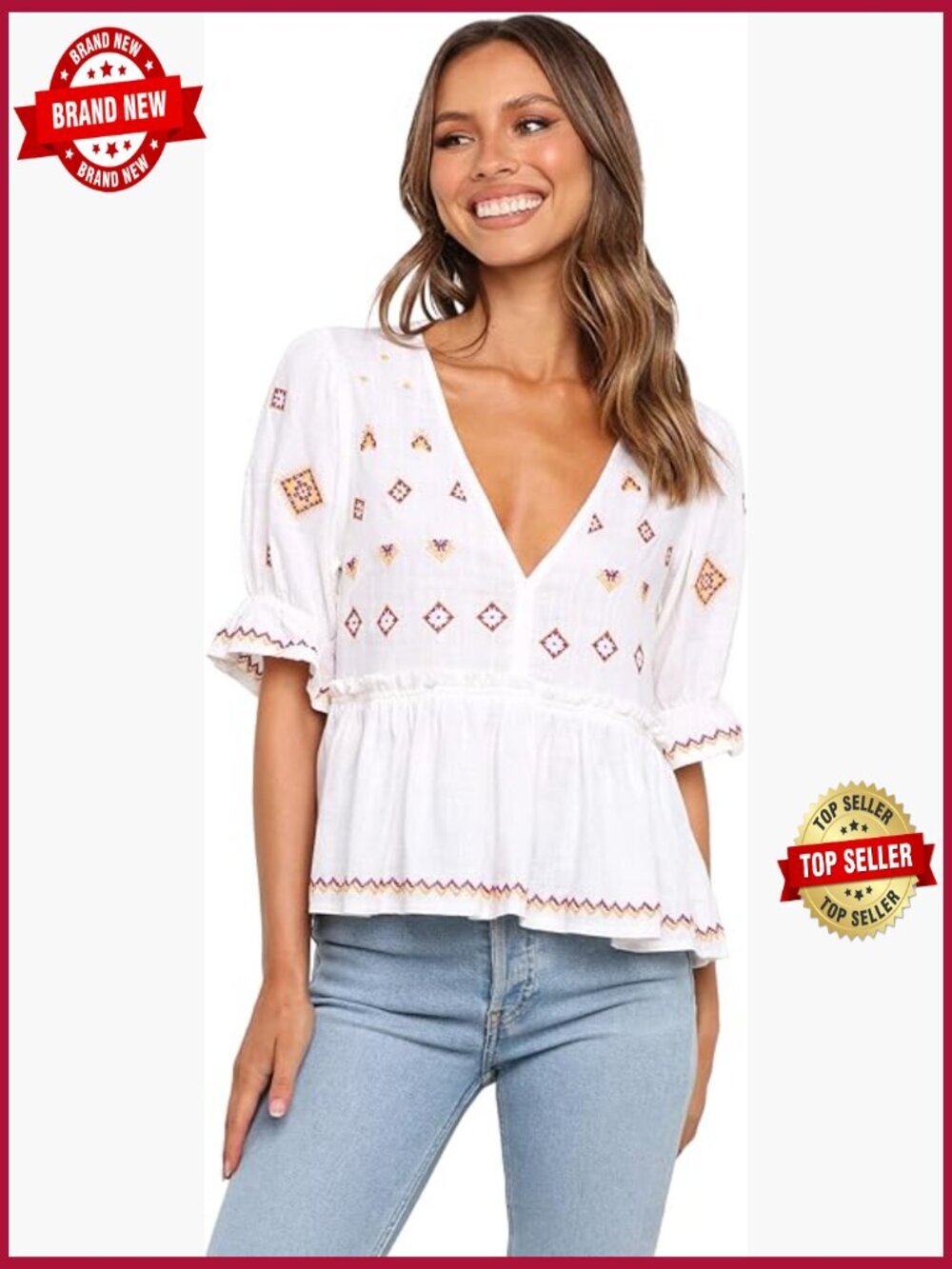 Relaxed Fit Peasant Top with Ruffle Cuffs and V-Neck